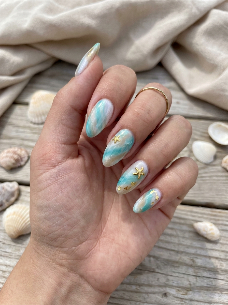 Gold Starfish Mermaid Nails mit goldenen Seestern-Akzenten